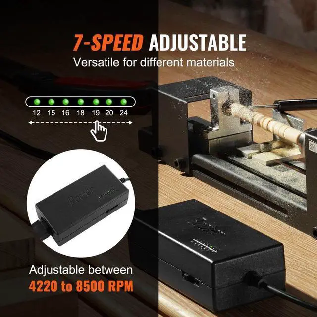 Alt view image 4 of 7 - VEVOR Mini Lathe Machine, 2.76 in x 6.3 in, 24VDC 96W Mini Wood Lathe Tools Milling Machine Accessories, 7 Speeds 4220/5300/5650/6350/6660/7050/8450 RPM, for DIY Woodworking Wood Drill Rotary Tool