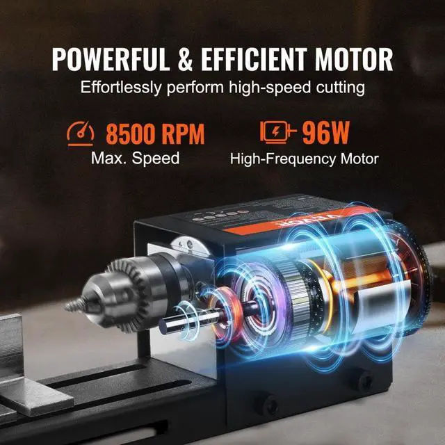 Alt view image 5 of 7 - VEVOR Mini Lathe Machine, 2.76 in x 6.3 in, 24VDC 96W Mini Wood Lathe Tools Milling Machine Accessories, 7 Speeds 4220/5300/5650/6350/6660/7050/8450 RPM, for DIY Woodworking Wood Drill Rotary Tool
