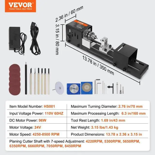 Alt view image 7 of 7 - VEVOR Mini Lathe Machine, 2.76 in x 6.3 in, 24VDC 96W Mini Wood Lathe Tools Milling Machine Accessories, 7 Speeds 4220/5300/5650/6350/6660/7050/8450 RPM, for DIY Woodworking Wood Drill Rotary Tool