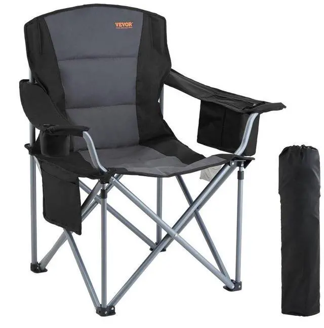 Main image of VEVOR Camping Folding Chair for Adults, Portable Heavy Duty Outdoor Quad Lumbar Back Padded Arm Chairs with Side Pockets, Cup Holder and Cooler Bag for Beach, Lawn, Picnic, Fishing, Backpacking, Black