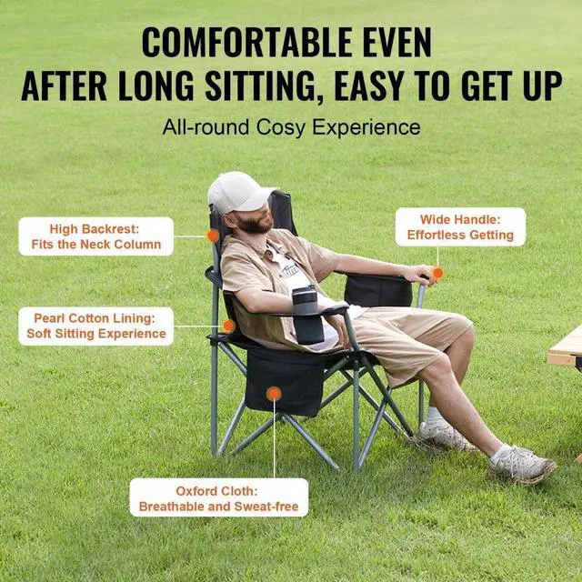 Alt view image 4 of 7 - VEVOR Camping Folding Chair for Adults, Portable Heavy Duty Outdoor Quad Lumbar Back Padded Arm Chairs with Side Pockets, Cup Holder and Cooler Bag for Beach, Lawn, Picnic, Fishing, Backpacking, Black