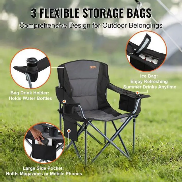 Alt view image 5 of 7 - VEVOR Camping Folding Chair for Adults, Portable Heavy Duty Outdoor Quad Lumbar Back Padded Arm Chairs with Side Pockets, Cup Holder and Cooler Bag for Beach, Lawn, Picnic, Fishing, Backpacking, Black