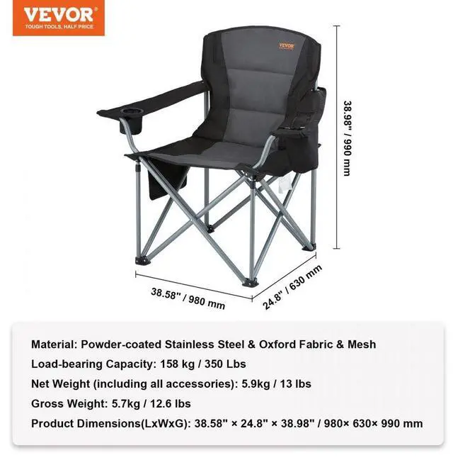 Alt view image 7 of 7 - VEVOR Camping Folding Chair for Adults, Portable Heavy Duty Outdoor Quad Lumbar Back Padded Arm Chairs with Side Pockets, Cup Holder and Cooler Bag for Beach, Lawn, Picnic, Fishing, Backpacking, Black