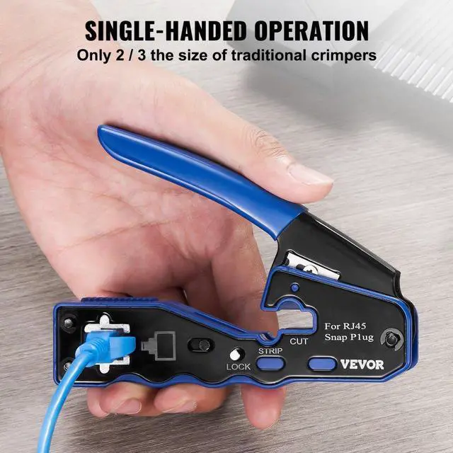 Alt view image 5 of 7 - VEVOR RJ45 Crimp Tool Kit, Cat5e/Cat6/Cat6a Pass Through Ethernet Crimper for 8P8C Modular Plugs with 20pcs Connectors and 20pcs Covers, Wire Stripper and Network Tester