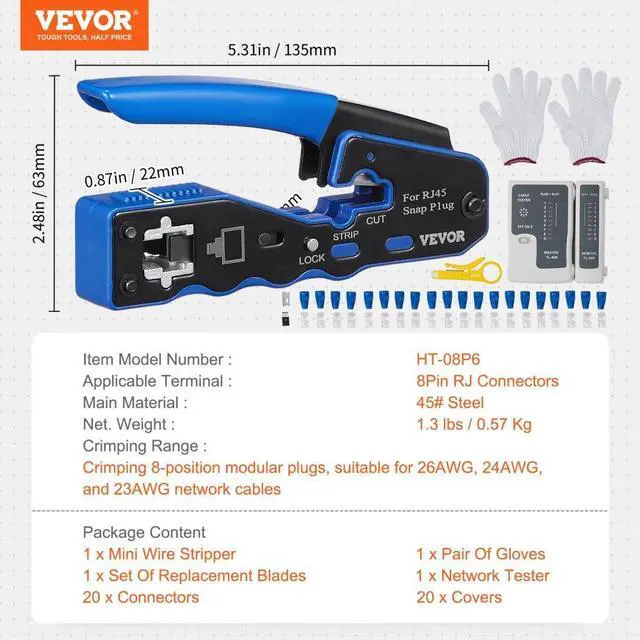 Alt view image 7 of 7 - VEVOR RJ45 Crimp Tool Kit, Cat5e/Cat6/Cat6a Pass Through Ethernet Crimper for 8P8C Modular Plugs with 20pcs Connectors and 20pcs Covers, Wire Stripper and Network Tester