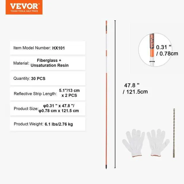 Alt view image 7 of 7 - VEVOR Driveway Markers, 30 PCS 48 inch, 0.4 inch Diameter, Orange Fiberglass Poles Snow Stakes with Reflective Tape, 12" Steel Drill Bit & Protection Gloves for Parking Lots, Walkways Easy Visibility