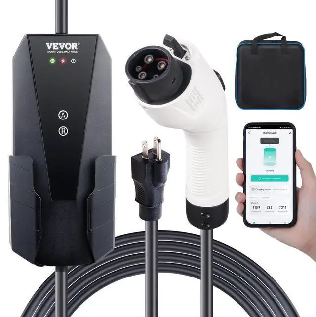 Main image of VEVOR Level 1+2 Portable EV Charger, 16 Amp 120V or 240V, Electric Vehicle Charger with 28-Foot Charging Cable NEMA 6-20P Plug NEMA 5-15 Adapter, Plug-in Home EV Charging Station for SAE J1772 EVs