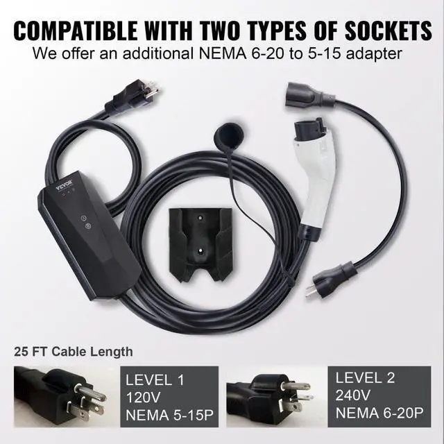Alt view image 6 of 7 - VEVOR Level 1+2 Portable EV Charger, 16 Amp 120V or 240V, Electric Vehicle Charger with 28-Foot Charging Cable NEMA 6-20P Plug NEMA 5-15 Adapter, Plug-in Home EV Charging Station for SAE J1772 EVs