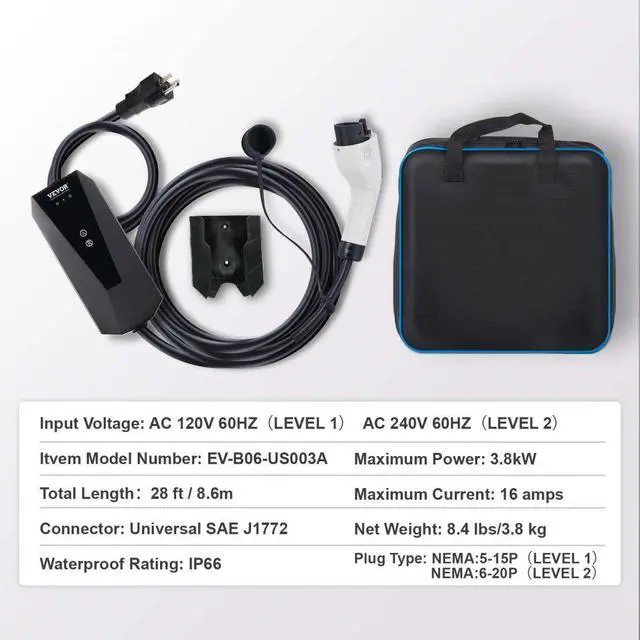Alt view image 7 of 7 - VEVOR Level 1+2 Portable EV Charger, 16 Amp 120V or 240V, Electric Vehicle Charger with 28-Foot Charging Cable NEMA 6-20P Plug NEMA 5-15 Adapter, Plug-in Home EV Charging Station for SAE J1772 EVs