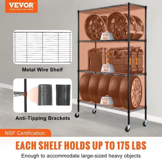 Alt view image 2 of 7 - VEVOR Storage Shelving Unit with Wheels, 4-Tier Adjustable, 700 lbs Capacity, Heavy Duty Garage Shelves Metal Organizer Wire Rack, Black, 47.2" L x 17.7" W x 74" H for Kitchen Pantry Basement Bathroom