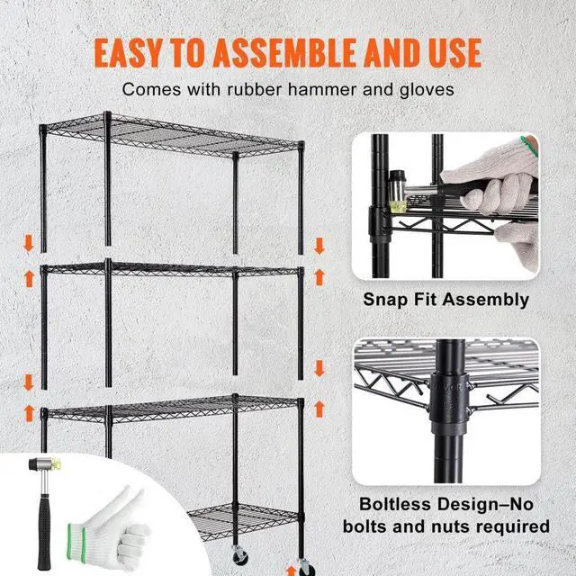 Alt view image 4 of 7 - VEVOR Storage Shelving Unit with Wheels, 4-Tier Adjustable, 700 lbs Capacity, Heavy Duty Garage Shelves Metal Organizer Wire Rack, Black, 47.2" L x 17.7" W x 74" H for Kitchen Pantry Basement Bathroom