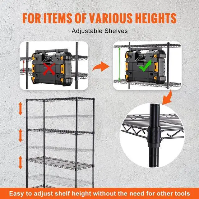 Alt view image 6 of 7 - VEVOR Storage Shelving Unit with Wheels, 4-Tier Adjustable, 700 lbs Capacity, Heavy Duty Garage Shelves Metal Organizer Wire Rack, Black, 47.2" L x 17.7" W x 74" H for Kitchen Pantry Basement Bathroom