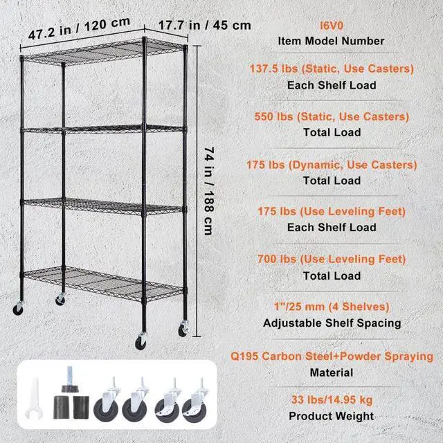 Alt view image 7 of 7 - VEVOR Storage Shelving Unit with Wheels, 4-Tier Adjustable, 700 lbs Capacity, Heavy Duty Garage Shelves Metal Organizer Wire Rack, Black, 47.2" L x 17.7" W x 74" H for Kitchen Pantry Basement Bathroom