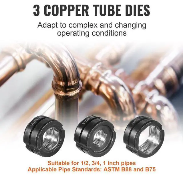 Alt view image 3 of 7 - VEVOR Copper Press Tool Tube Fittings Crimping Kit, Pro Press Crimper with 1/2", 3/4", 1" Quick Change Jaws, 360° Rotatable Crimp Tool & Locking Pin, Extendable Handle, Meet ASTM B88 and B75 Standard