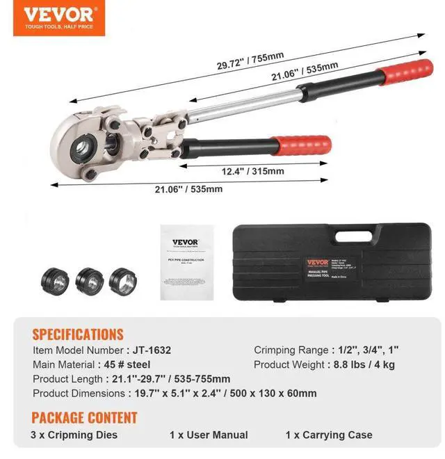 Alt view image 7 of 7 - VEVOR Copper Press Tool Tube Fittings Crimping Kit, Pro Press Crimper with 1/2", 3/4", 1" Quick Change Jaws, 360° Rotatable Crimp Tool & Locking Pin, Extendable Handle, Meet ASTM B88 and B75 Standard