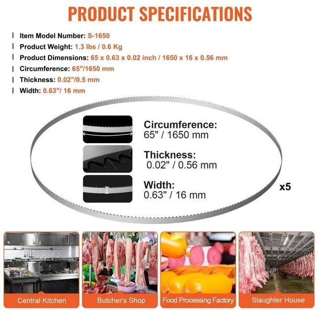 Alt view image 7 of 14 - VEVOR Band Saw Blade, 65x0.63x0.02 inch, 5 PCS/Pack Meat Bandsaw Blades for Replacement, Carbon Steel Blade, Meat Cutting Blade Wrapped by Rust-Proof Paper, Fit for Commercial Bone Saw Machines