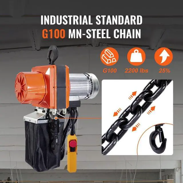 Alt view image 3 of 7 - VEVOR Electric Chain Hoist, 2200 lbs/1 ton Capacity, 10 ft Lifting Height, 10 ft/min Speed, 120V, Single Phase Overhead Crane with G100 Chain, 10 ft Wired Remote Control for Garage, Shop, Hotel, Home