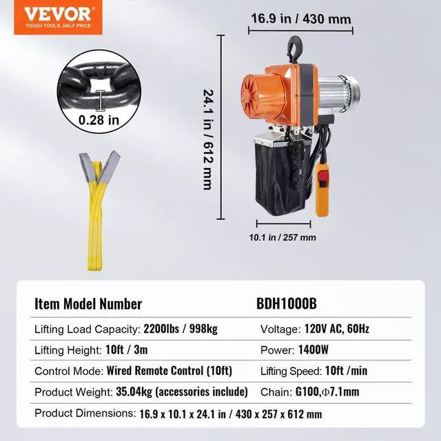 Alt view image 7 of 7 - VEVOR Electric Chain Hoist, 2200 lbs/1 ton Capacity, 10 ft Lifting Height, 10 ft/min Speed, 120V, Single Phase Overhead Crane with G100 Chain, 10 ft Wired Remote Control for Garage, Shop, Hotel, Home