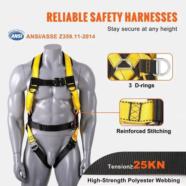 Alt view image 4 of 7 - VEVOR Safety Harness, Full Body Harness, Safety Harness Fall Protection with Added Padding, and Side Rings and Dorsal D-Rings and a Lanyard, ANSI/ASSE Z359.11-2014, 160 lbs Max Weight, S