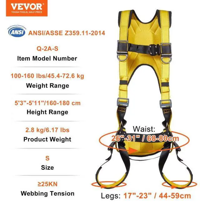 Alt view image 7 of 7 - VEVOR Safety Harness, Full Body Harness, Safety Harness Fall Protection with Added Padding, and Side Rings and Dorsal D-Rings and a Lanyard, ANSI/ASSE Z359.11-2014, 160 lbs Max Weight, S