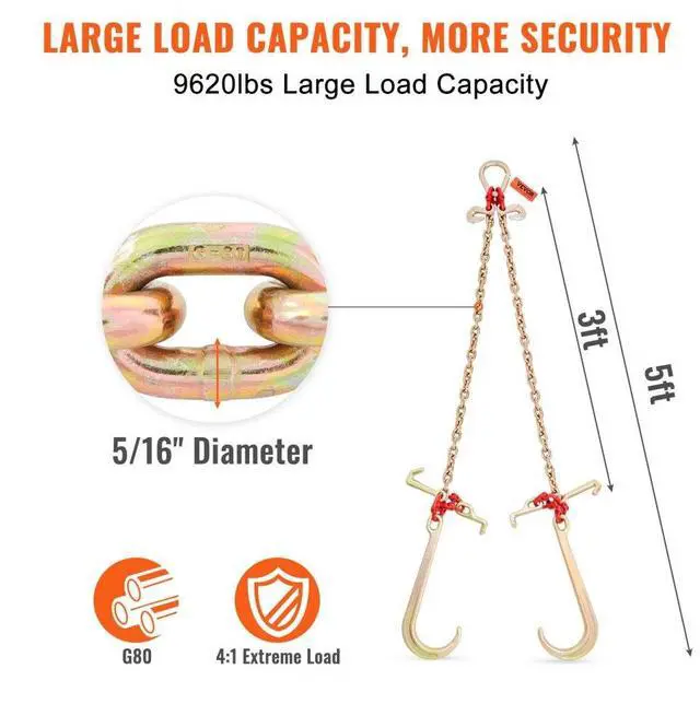 Alt view image 3 of 7 - VEVOR V-Chain Bridle, 9620 lbs Working Load Limit, 5/16'' x 3' G80 Tow Chain with RTJ Cluster Hooks, DOT Certified, Galvanized Coating Manganese Steel & D-Shackle, for Lifting & Moving Activities