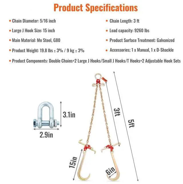 Alt view image 7 of 7 - VEVOR V-Chain Bridle, 9620 lbs Working Load Limit, 5/16'' x 3' G80 Tow Chain with RTJ Cluster Hooks, DOT Certified, Galvanized Coating Manganese Steel & D-Shackle, for Lifting & Moving Activities