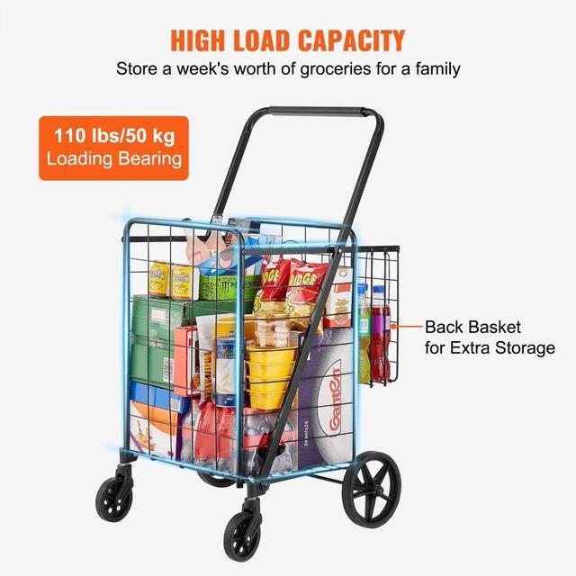Alt view image 3 of 7 - VEVOR Folding Shopping Cart, Jumbo Grocery Cart with Double Baskets, 360° Swivel Wheels, Heavy Duty Utility Cart, 110 LBS Large Capacity Utility Cart for Laundry, Shopping, Grocery, Luggage