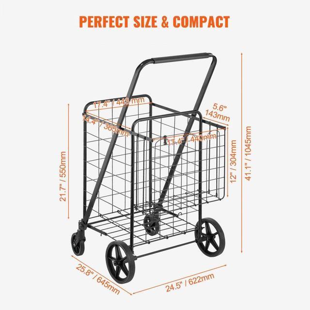 Alt view image 6 of 7 - VEVOR Folding Shopping Cart, Jumbo Grocery Cart with Double Baskets, 360° Swivel Wheels, Heavy Duty Utility Cart, 110 LBS Large Capacity Utility Cart for Laundry, Shopping, Grocery, Luggage