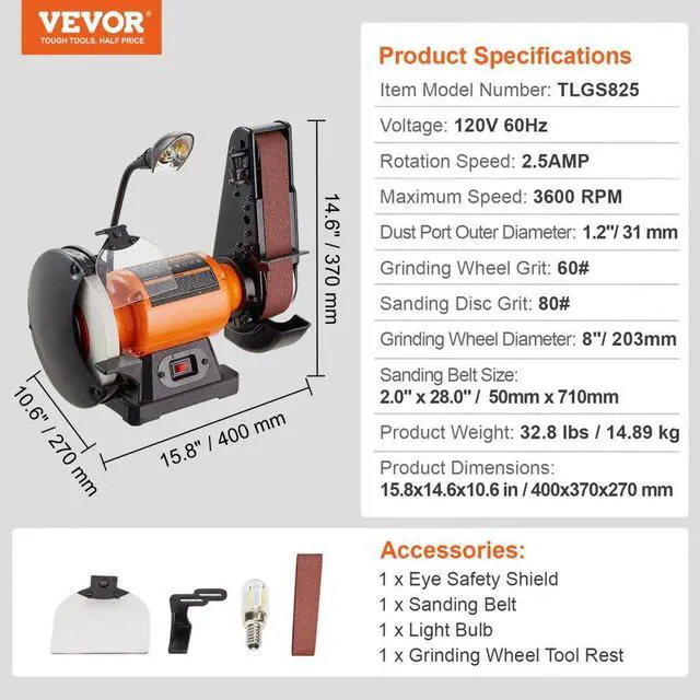 Alt view image 7 of 7 - VEVOR 8 Inch Bench Grinder with 2 x28 Inch Belt Sander Combo, Bench Grinder Sander with 2.5A Induction Motor for Metalworking Sharpening Grinding
