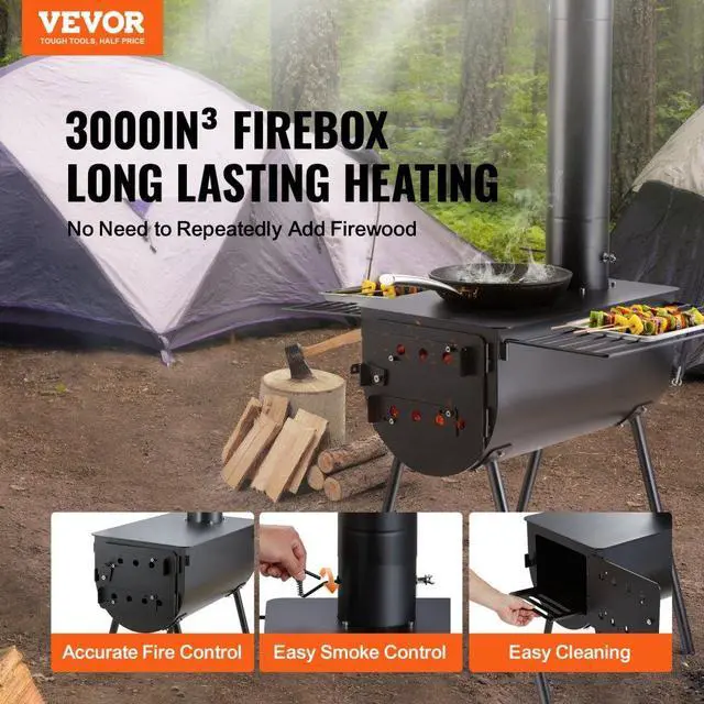 Alt view image 2 of 7 - VEVOR Wood Stove, 118 inch, Alloy Steel Camping Tent Stove, Portable Wood Burning Stove with Chimney Pipes & Gloves, 3000in³Firebox Hot Tent Stove for Outdoor Cooking and Heating with 8 Pipes