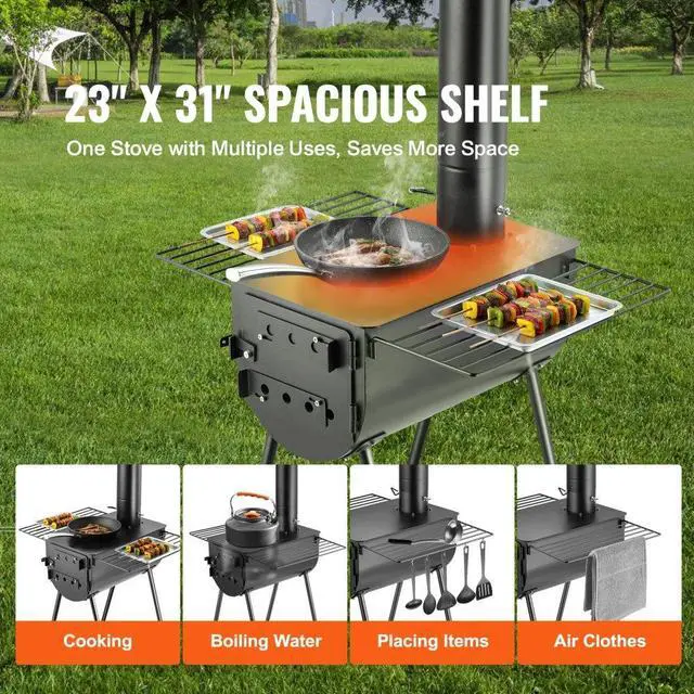 Alt view image 3 of 7 - VEVOR Wood Stove, 118 inch, Alloy Steel Camping Tent Stove, Portable Wood Burning Stove with Chimney Pipes & Gloves, 3000in³Firebox Hot Tent Stove for Outdoor Cooking and Heating with 8 Pipes