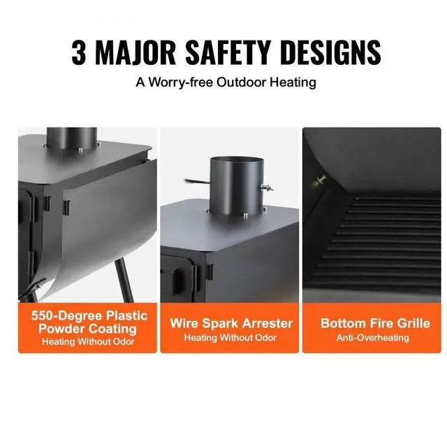 Alt view image 6 of 7 - VEVOR Wood Stove, 118 inch, Alloy Steel Camping Tent Stove, Portable Wood Burning Stove with Chimney Pipes & Gloves, 3000in³Firebox Hot Tent Stove for Outdoor Cooking and Heating with 8 Pipes