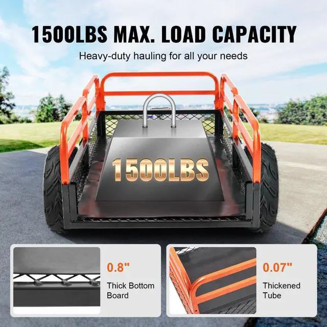 Alt view image 3 of 7 - VEVOR Heavy Duty Steel ATV Dump Trailer, 1500-Pound Load Capacity 15 Cubic Feet, Tow Behind Dump Cart Garden Trailer, with Removable Sides and 2 Tires, for Mowers, Tractors, ATV, UTV