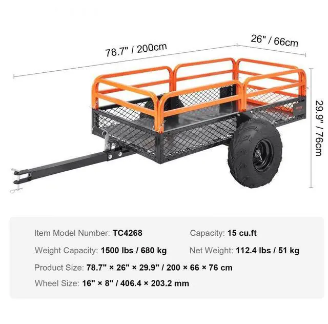 Alt view image 7 of 7 - VEVOR Heavy Duty Steel ATV Dump Trailer, 1500-Pound Load Capacity 15 Cubic Feet, Tow Behind Dump Cart Garden Trailer, with Removable Sides and 2 Tires, for Mowers, Tractors, ATV, UTV