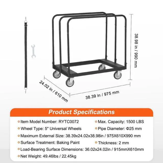Alt view image 7 of 7 - VEVOR Drywall Cart, 1500 LBS Panel Dolly Cart with 36.02" x 24.02" Deck and 5" Swivel Wheels, Heavy-Duty Drywall Sheet Cart, Handling Wall Panel, Sheetrock, Lumber, for Garage, Home, Warehouse