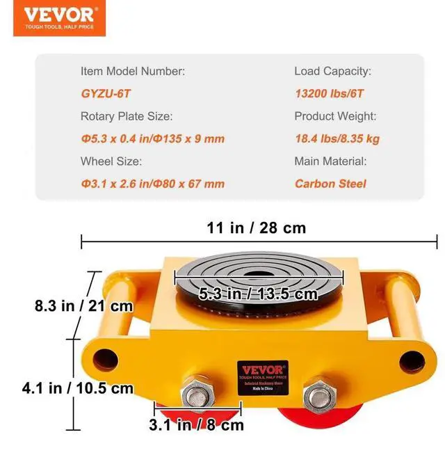 Alt view image 7 of 14 - VEVOR Machinery Skate Dolly, 13,200 LBS/6T Industrial Machinery Mover, Heavy Duty Carbon Steel Machinery Moving Skate with 4 PU Wheels and 360° Rotation Non-Slip Cap for Warehouse, Workshop, Factory