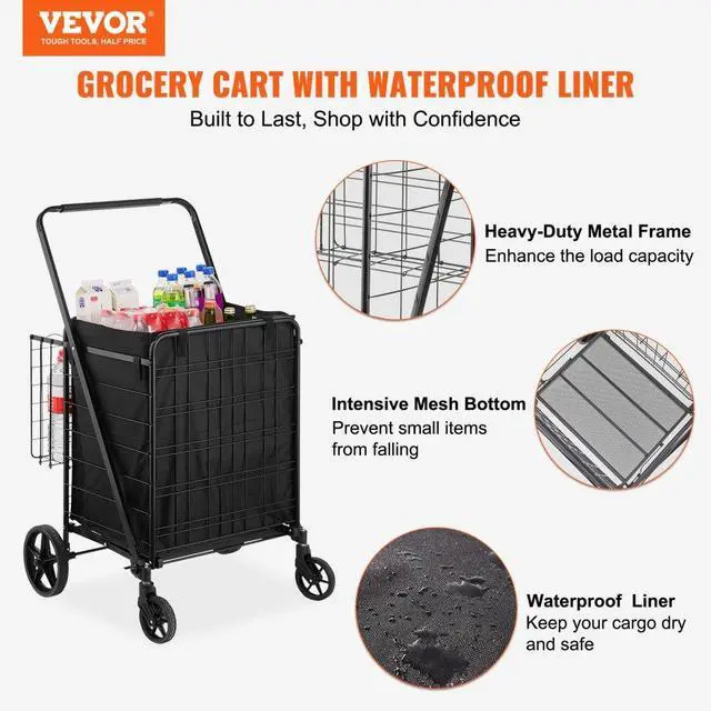 Alt view image 2 of 7 - VEVOR Folding Shopping Cart with Removable Waterproof Liner, 330LBS Large Capacity Jumbo Grocery Cart with Dual Basket, 360° Swivel Wheels, Dense Metal Mesh Base, Heavy Duty Utility Cart for Shopping