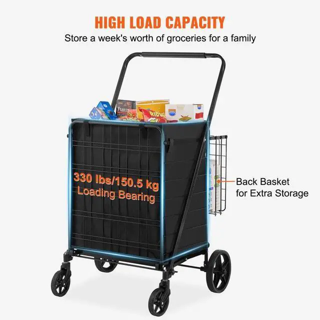 Alt view image 3 of 7 - VEVOR Folding Shopping Cart with Removable Waterproof Liner, 330LBS Large Capacity Jumbo Grocery Cart with Dual Basket, 360° Swivel Wheels, Dense Metal Mesh Base, Heavy Duty Utility Cart for Shopping