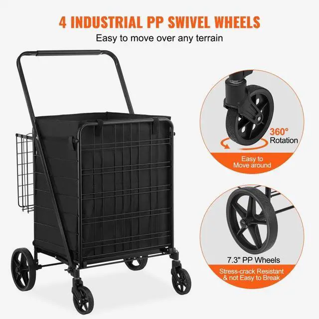Alt view image 4 of 7 - VEVOR Folding Shopping Cart with Removable Waterproof Liner, 330LBS Large Capacity Jumbo Grocery Cart with Dual Basket, 360° Swivel Wheels, Dense Metal Mesh Base, Heavy Duty Utility Cart for Shopping