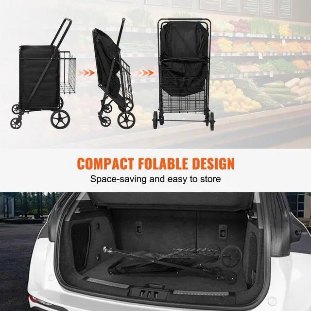 Alt view image 5 of 7 - VEVOR Folding Shopping Cart with Removable Waterproof Liner, 330LBS Large Capacity Jumbo Grocery Cart with Dual Basket, 360° Swivel Wheels, Dense Metal Mesh Base, Heavy Duty Utility Cart for Shopping