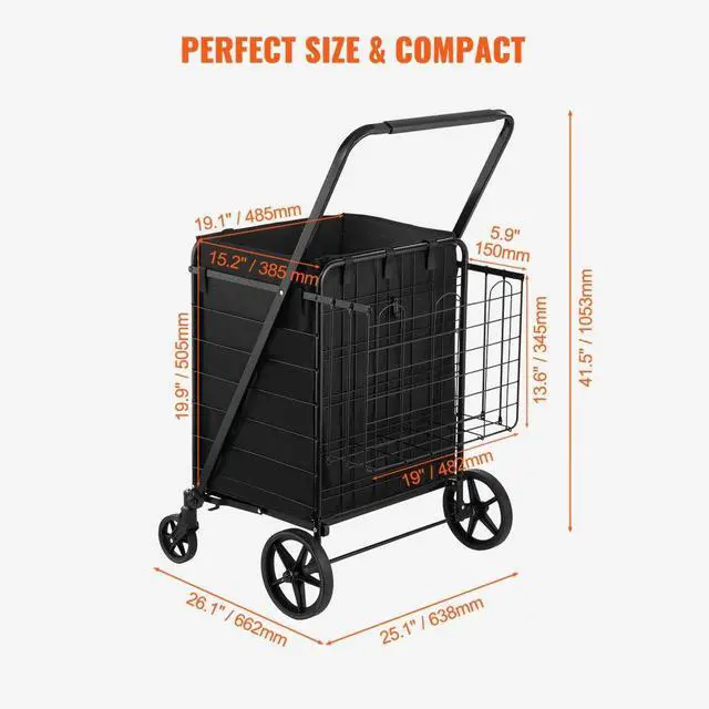 Alt view image 6 of 7 - VEVOR Folding Shopping Cart with Removable Waterproof Liner, 330LBS Large Capacity Jumbo Grocery Cart with Dual Basket, 360° Swivel Wheels, Dense Metal Mesh Base, Heavy Duty Utility Cart for Shopping