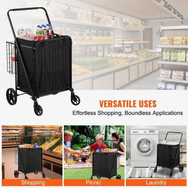 Alt view image 7 of 7 - VEVOR Folding Shopping Cart with Removable Waterproof Liner, 330LBS Large Capacity Jumbo Grocery Cart with Dual Basket, 360° Swivel Wheels, Dense Metal Mesh Base, Heavy Duty Utility Cart for Shopping