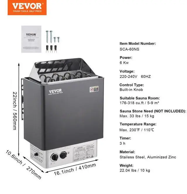 Alt view image 7 of 7 - VEVOR Sauna Heater, 6KW 220V Electric Sauna Stove, Steam Bath Sauna Heater with Built-In Controls, 3h Timer and Adjustable Temp for Max. 176-318 Cubic Feet, Home Hotel Spa Shower Use, FCC Certificati