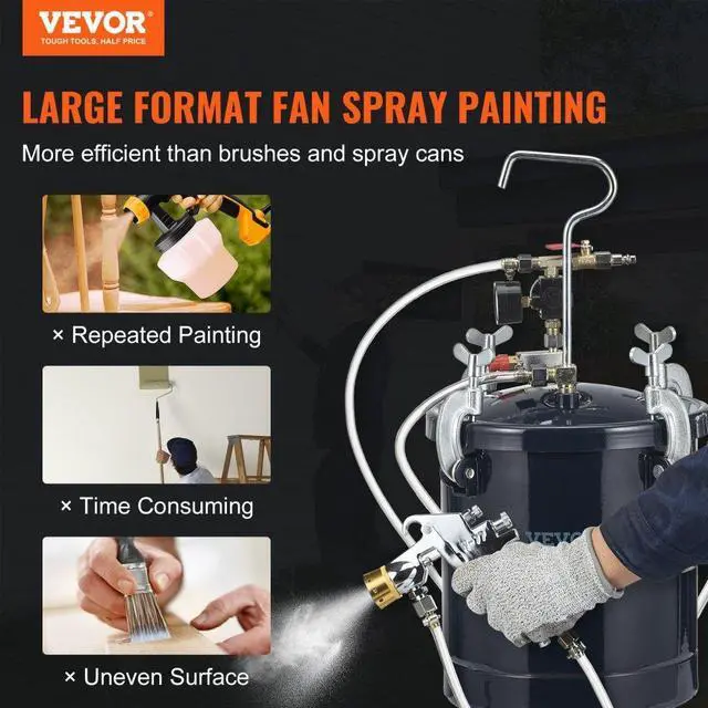 Alt view image 2 of 7 - VEVOR Spray Paint Pressure Pot Tank, 10L/2.5gal Air Paint Pressure Pot, 1.5mm+4mm Two Nozzles Two Spray Paint Guns, 60PSI Max, for Industry Home Decor Architecture Construction Automotive Painting
