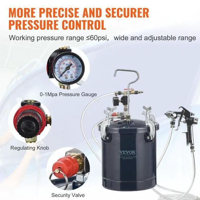 Alt view image 5 of 7 - VEVOR Spray Paint Pressure Pot Tank, 10L/2.5gal Air Paint Pressure Pot, 1.5mm+4mm Two Nozzles Two Spray Paint Guns, 60PSI Max, for Industry Home Decor Architecture Construction Automotive Painting
