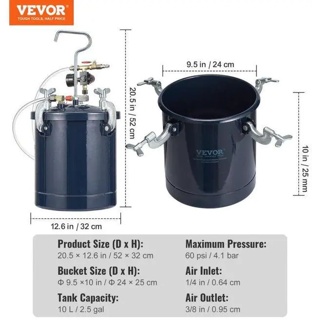 Alt view image 7 of 7 - VEVOR Spray Paint Pressure Pot Tank, 10L/2.5gal Air Paint Pressure Pot, 1.5mm+4mm Two Nozzles Two Spray Paint Guns, 60PSI Max, for Industry Home Decor Architecture Construction Automotive Painting