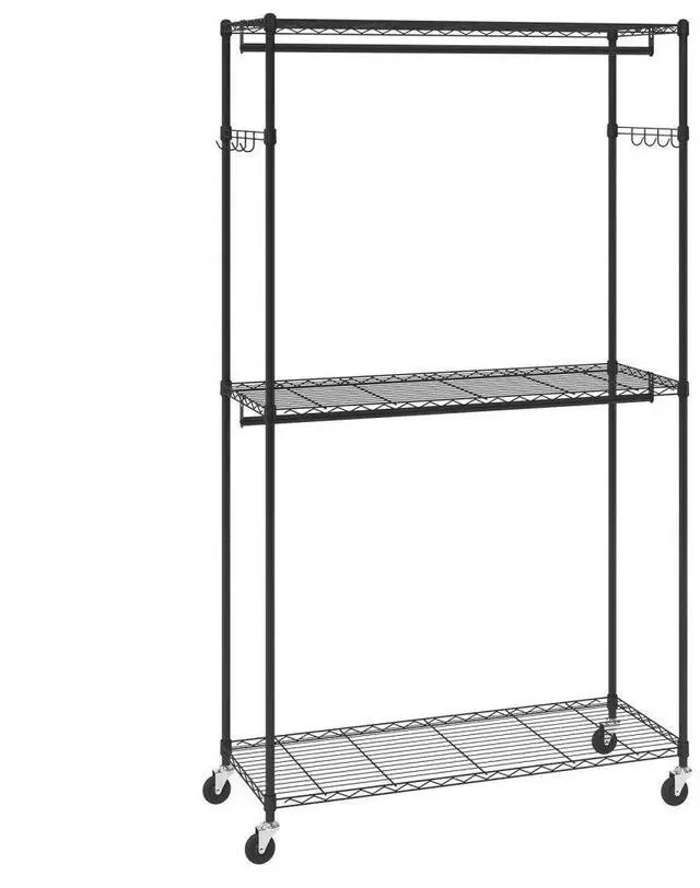 Main image of VEVOR Heavy Duty Clothes Rack, Rolling Clothing Garment Rack with 3 Storage Tiers, 2 Rods and 2 Pairs Side Hooks, Adjustable Height Clothing Rack Closet for Hanging Clothes, 400 Lbs Load Capacity