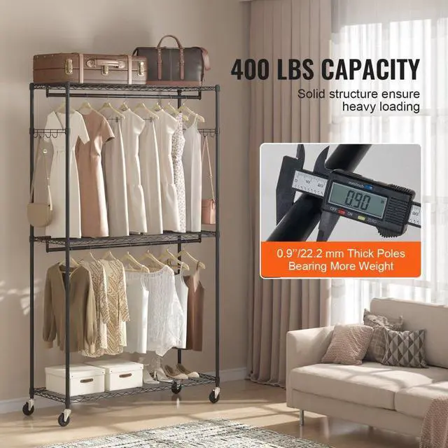 Alt view image 3 of 7 - VEVOR Heavy Duty Clothes Rack, Rolling Clothing Garment Rack with 3 Storage Tiers, 2 Rods and 2 Pairs Side Hooks, Adjustable Height Clothing Rack Closet for Hanging Clothes, 400 Lbs Load Capacity