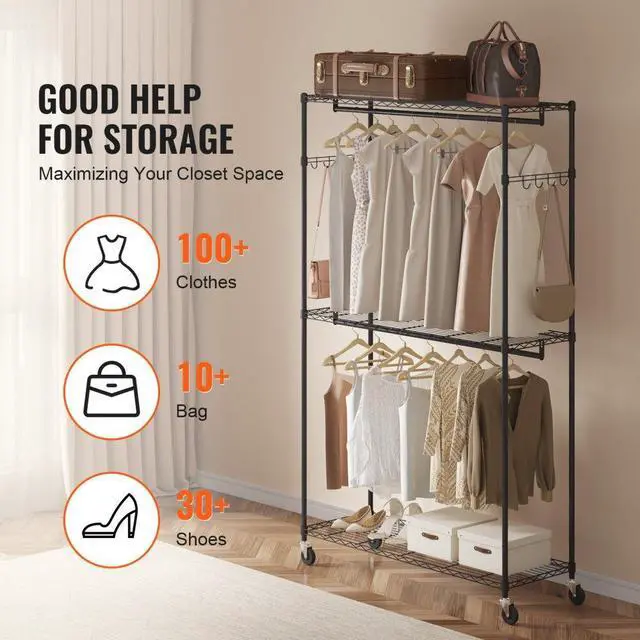 Alt view image 5 of 7 - VEVOR Heavy Duty Clothes Rack, Rolling Clothing Garment Rack with 3 Storage Tiers, 2 Rods and 2 Pairs Side Hooks, Adjustable Height Clothing Rack Closet for Hanging Clothes, 400 Lbs Load Capacity