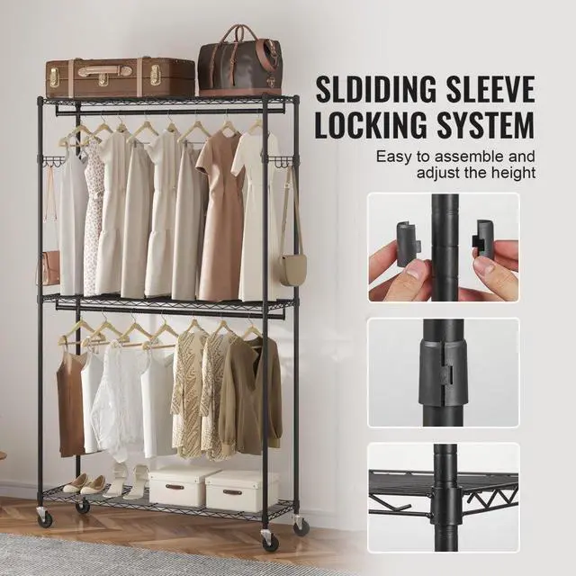 Alt view image 6 of 7 - VEVOR Heavy Duty Clothes Rack, Rolling Clothing Garment Rack with 3 Storage Tiers, 2 Rods and 2 Pairs Side Hooks, Adjustable Height Clothing Rack Closet for Hanging Clothes, 400 Lbs Load Capacity
